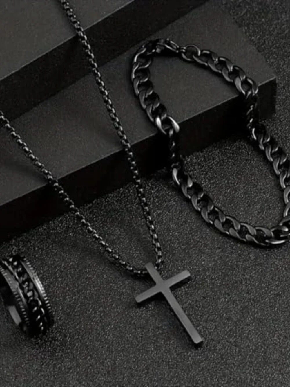 BRAND NEW 3Pcs Cross Necklace Stainless Steel Chains Bracelet Ring for Men